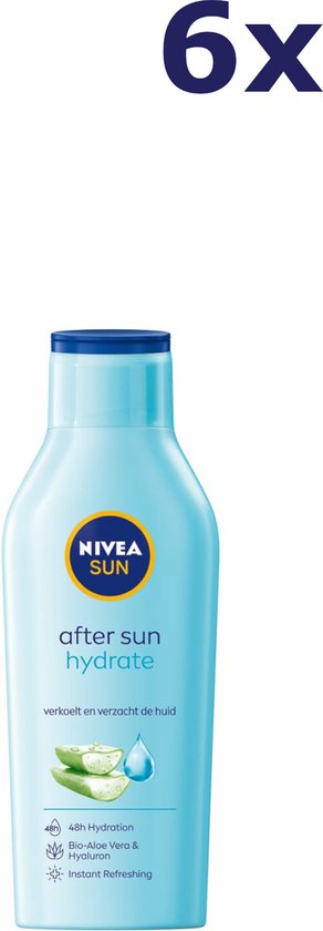 Zes flessen Nivea Sun After Sun Hydrate lotion 400 ml. De flessen zijn lichtblauw met een donkerblauwe dop.