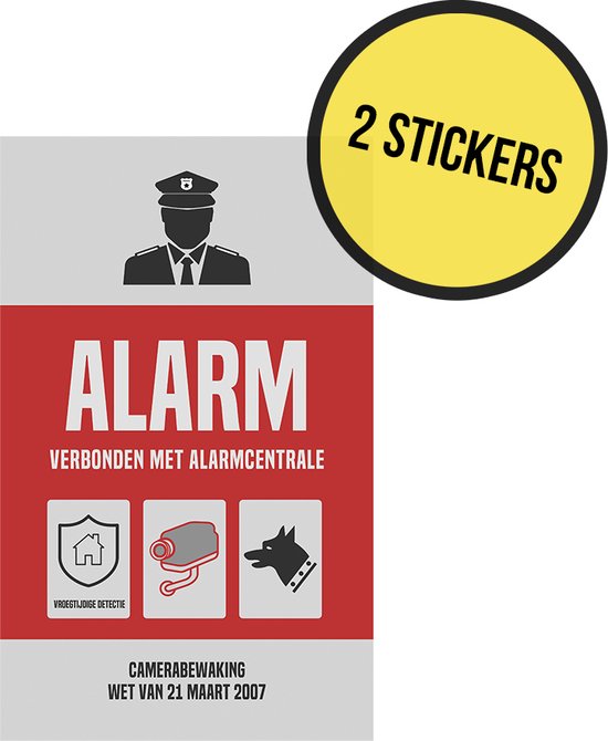 Foto: Pictogram sticker alarm verbonden met alarmcentrale 19 x 32 cm politie cameratoezicht camerabewaking wetgeving maart 2007 cctv nederlands waakhond raamsticker protection 2 stuks