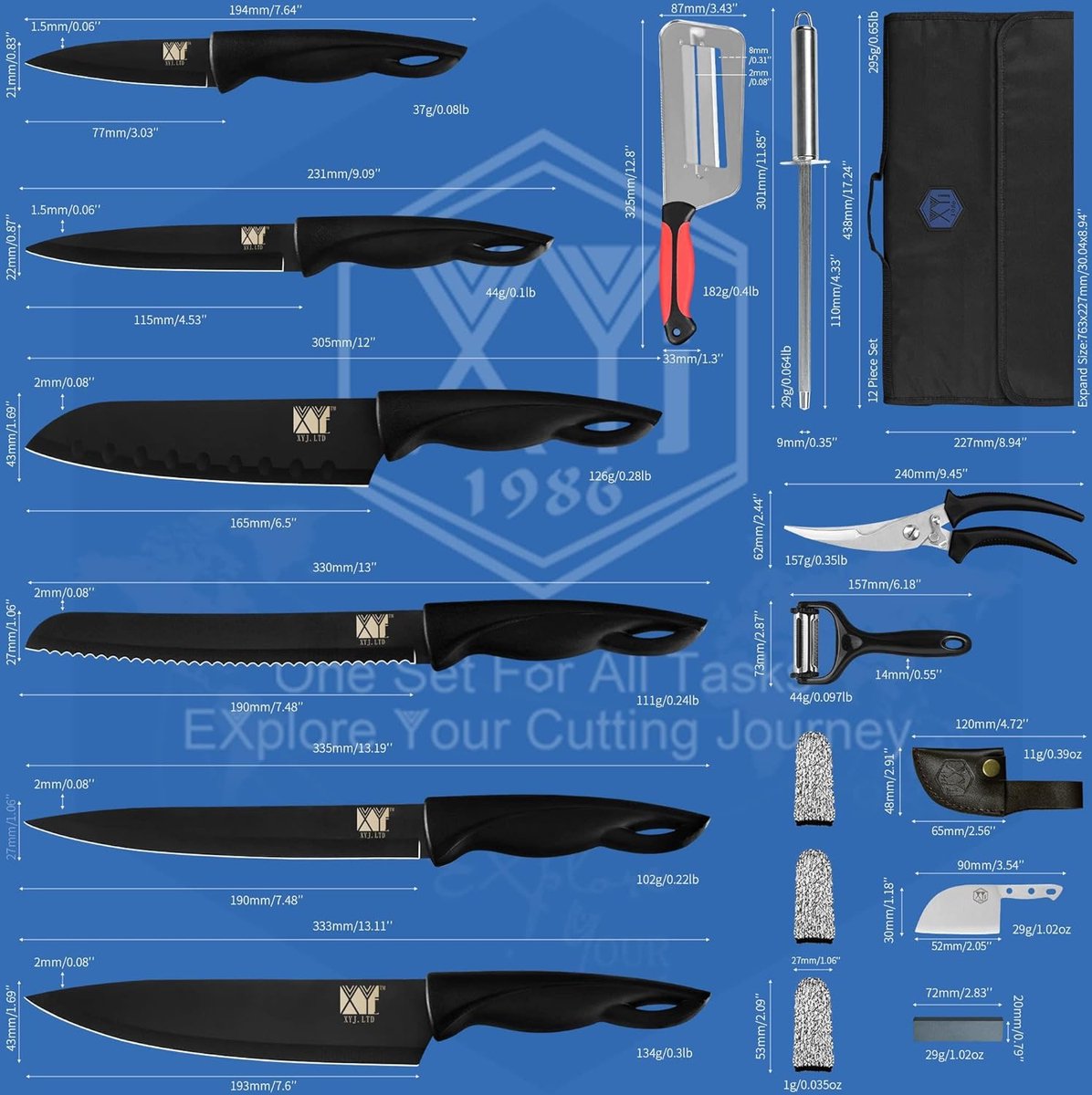 Professionele Mes Sets voor Meester Chefs Snijden Koksmes Met Roll Bag Cover Schaar Honing Staal Culinaire Chef Mes Paring Santoku Brood Slice Mes Roestvrij staal