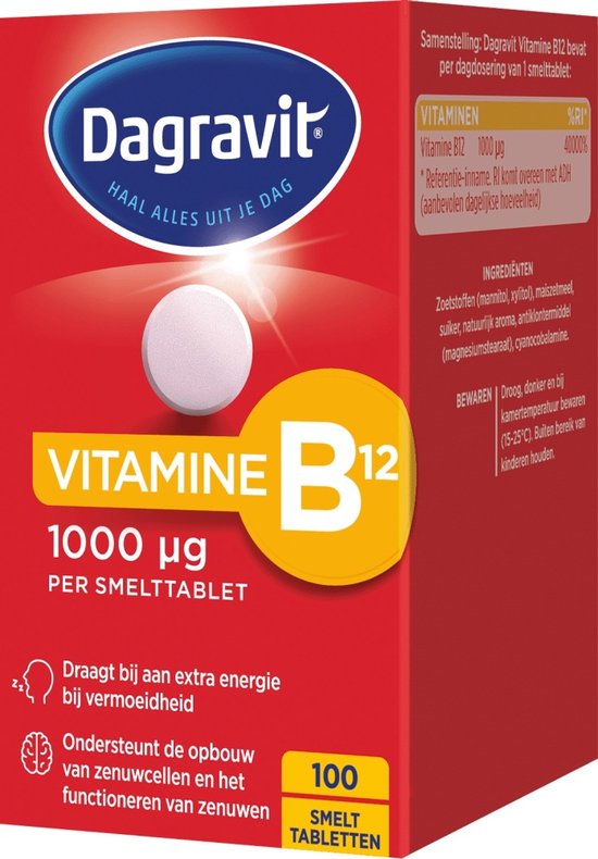 Dagravit Vitamine B12 1000µg - Draagt bij aan extra energie bij vermoeidheid en ondersteunt het functioneren van de zenuwen - 100 smelttabletten