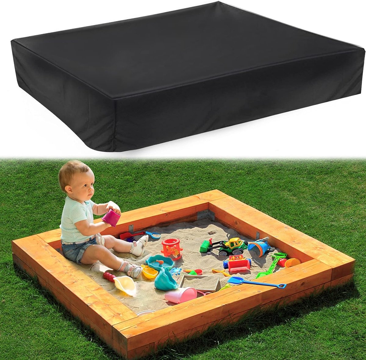 Housse De Protection Pour Bac à Sable 155x155x20 Cm - Bâche Imperméable Oxford 210D - Cordon élastique - Sac De Rangement Inclus
