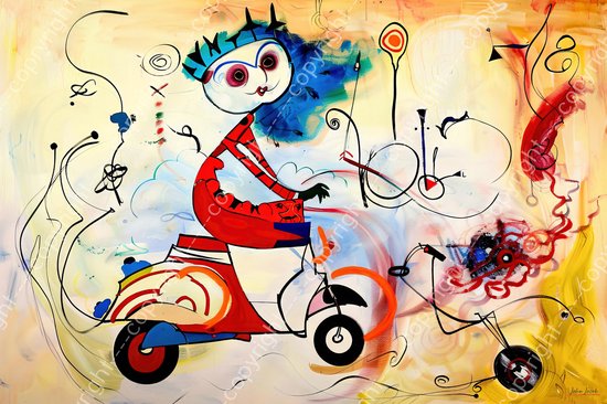 JJ-Art (Glas) 90x60 | Grappige vrouw op scooter in Italie, abstract, humor, kunst | mens, motor, rood, bruin, blauw, modern | Foto-schilderij-glasschilderij-acrylglas-acrylaat-wanddecoratie