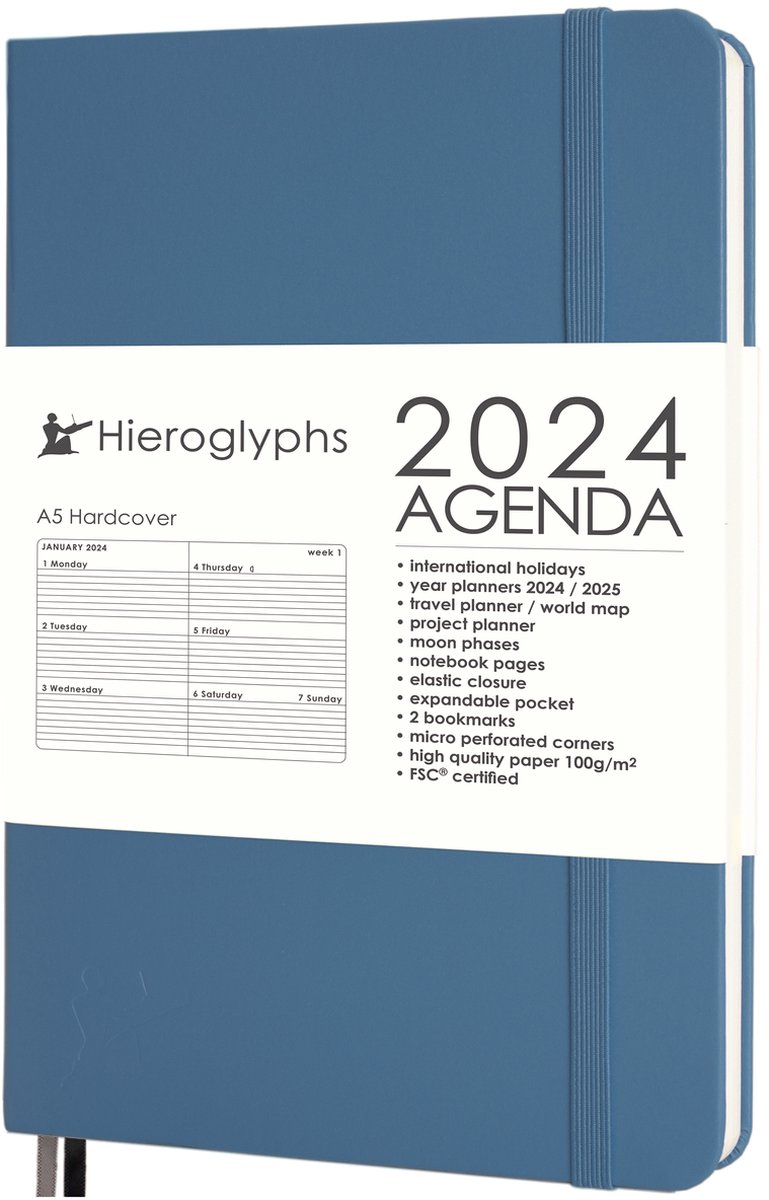 Hieroglyphs Agenda 2024 A5 - 1 Week per 2 pagina's - Harde kaft - Elastiek - Opbergvak - 2 Bladwijzers - Jaaragenda Weekoverzicht - Blauw - Petrol Blue