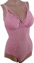 Dames - Bodystocking - Lingerie - Met Kant en doorzichtig Lijfje - Corrigerend - Kleur Rose - Maat 36-38 - Cadeau - Kerst