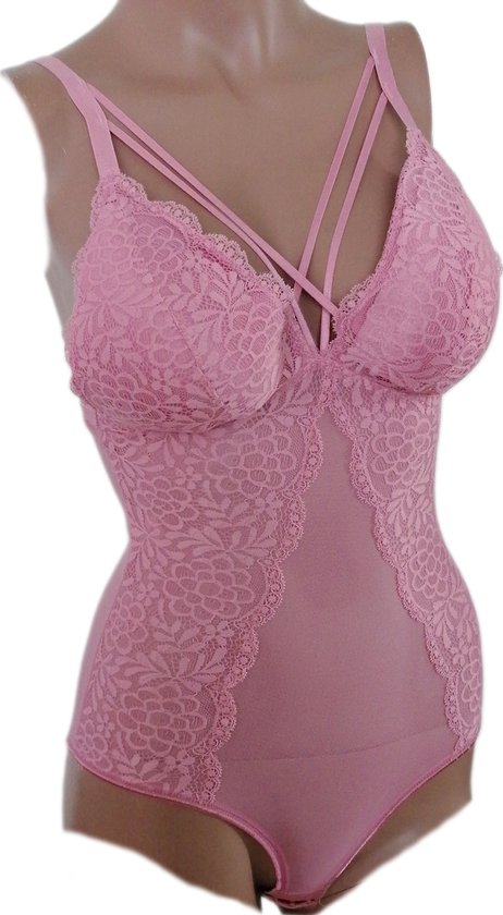 Femme - Bodystocking - Lingerie - Avec dentelle et corsage transparent - Correctif - Couleur Rose - Taille 36-38 - Cadeau - Noël