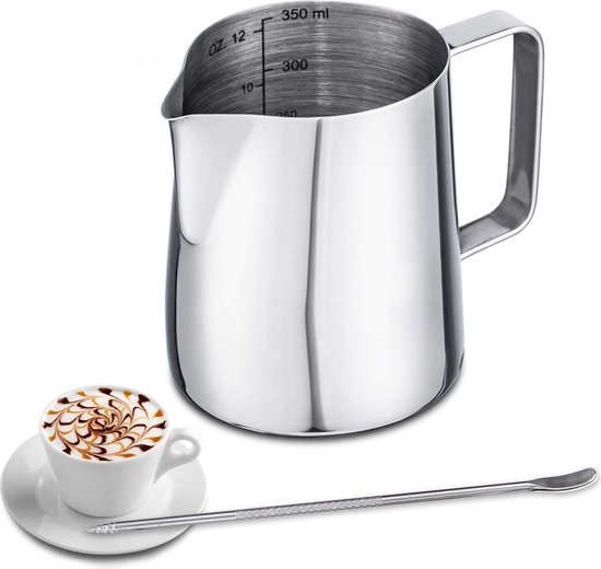 Tbintul 350 ml melkpot, handheld melkkannetje met maatmarkering en decoratiestift, ideaal voor espresso, cappuccino, latte, zwart
