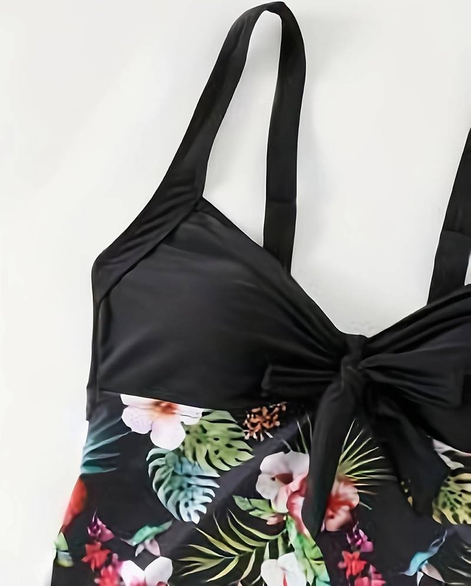 Fashion Tankini set - Bloemenpatroon 2 - delige V - hals Hoog Uitgesneden Tankini - Dames Badmode Bikini Badpak Zwemkleding Strandkleding Badkleding 504 - Zwart — afbeelding 3