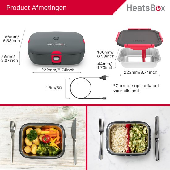 Boîte à lunch électrique Faitron Heatsbox Style - Boîte à lunch - Adultes - Acier inoxydable - Différents compartiments - Avec application smartphone - 220v - Pour repas chauds