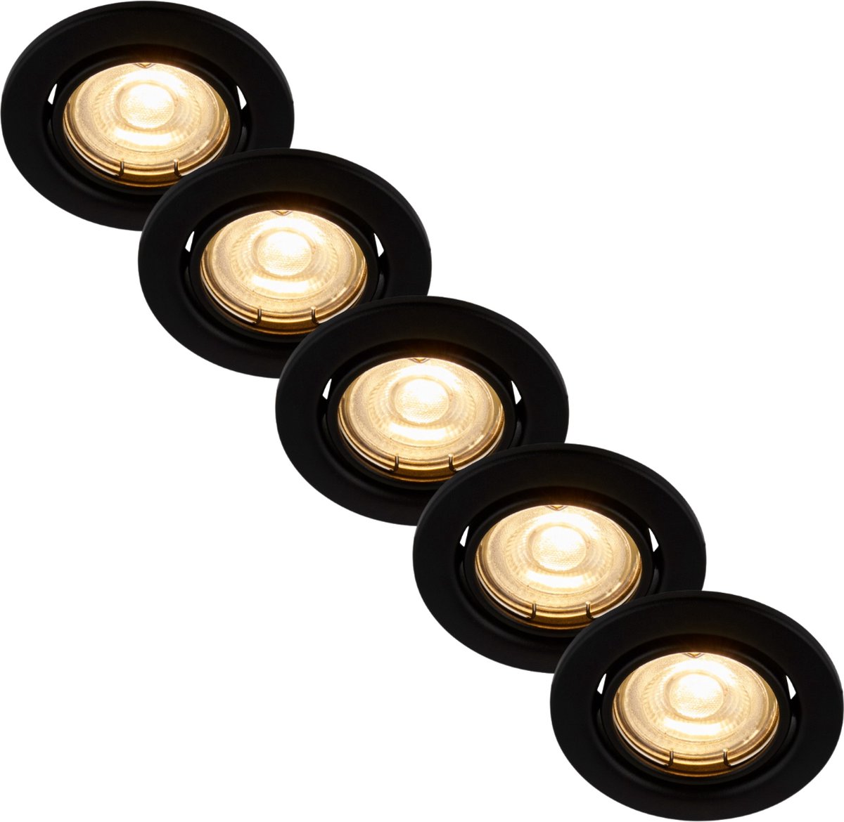 Inbouwspot zwart rond kantelbaar - Met GU10 Fitting en dimbare GU10 LED lamp - 5 stuks