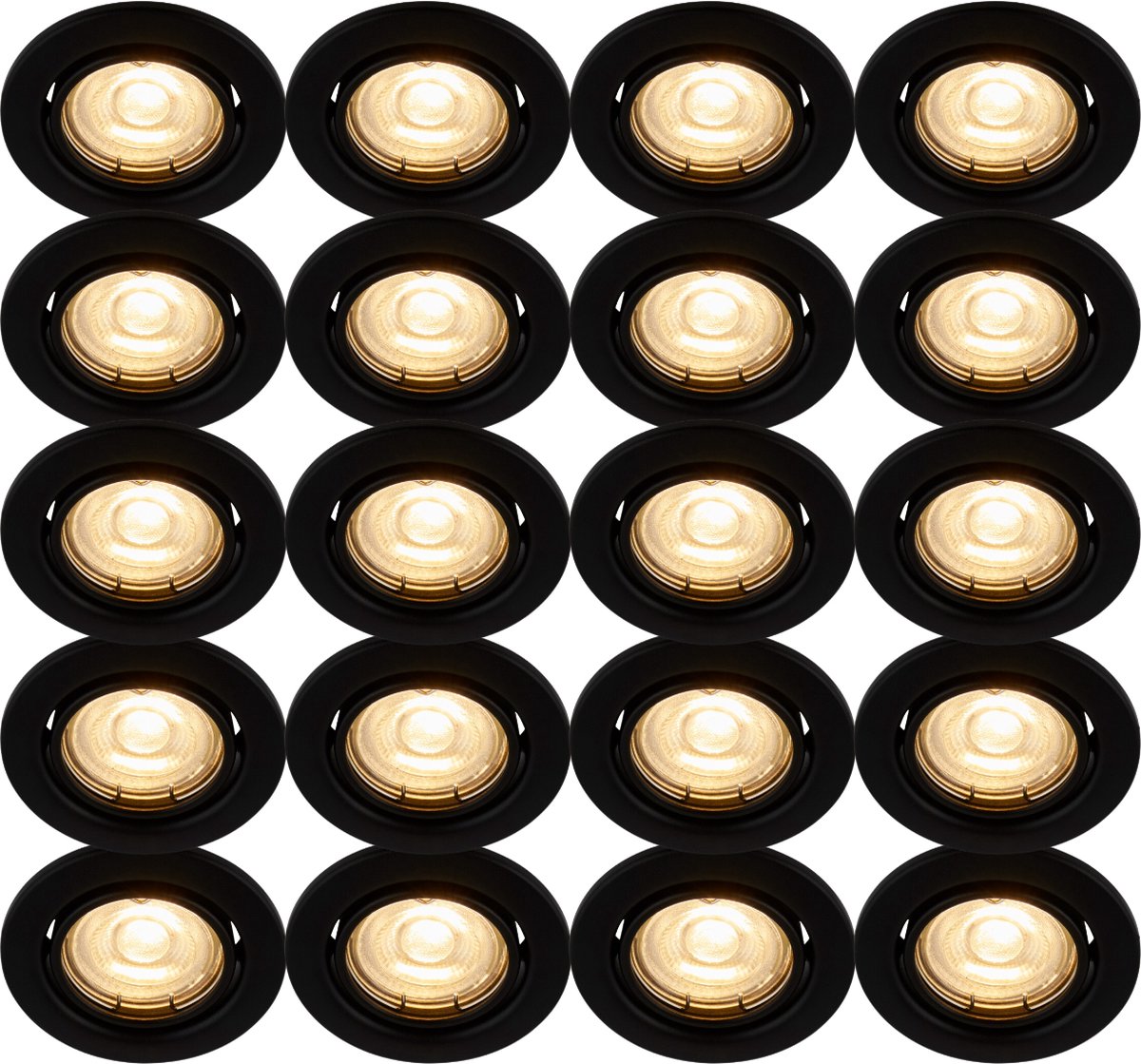 Inbouwspot zwart rond kantelbaar- Met GU10 Fitting en dimbare GU10 LED lamp - 20 stuks