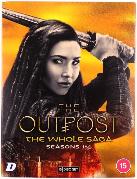 Een jonge vrouw met lange vlechten en een harnas houdt een zwaard vast, met de tekst "The Outpost The Whole Saga Seasons 1-4".