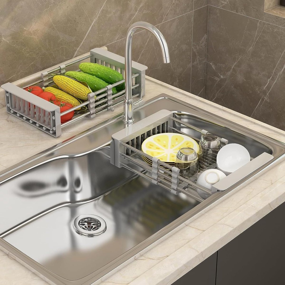 Goedkoopste Afdruiprek, intrekbaar (26 cm - 46,5 cm), afdruiprek van roestvrij staal voor het reinigen van spoelbakken of werkbladen, afdruiprek voor groenten en bestek (grijs