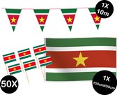 Landen versiering pakket Suriname- gevelvlag Suriname(150cmX90cm)-prikkertjes Suriname(50stuks)-vlaggenlijn Suriname(1stuks)-wereld party decoratie (Suriname)