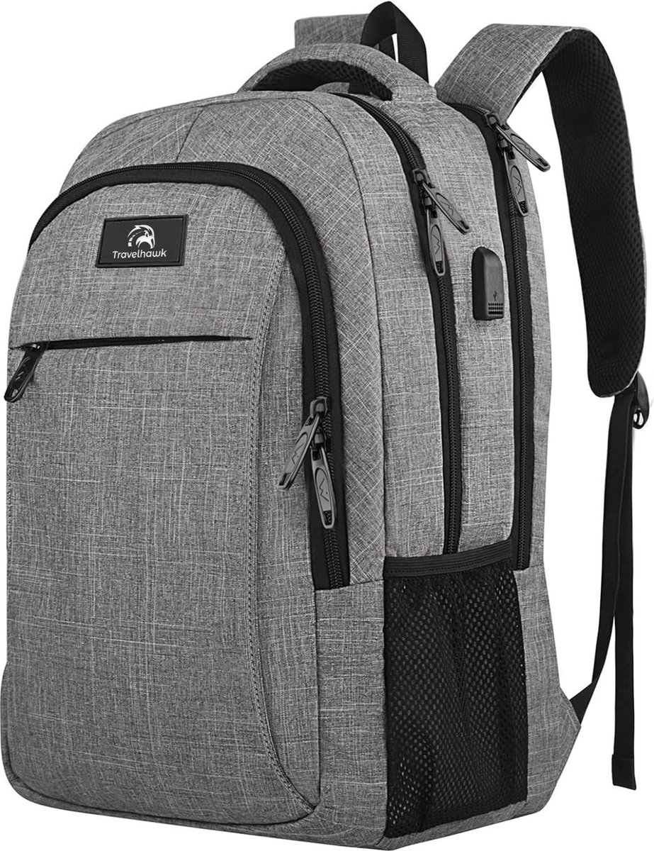 Travelhawk Rugzak - 36L - 17 inch - Grijs - Laptop Rugzak - Heren & Dames - Waterafstotend - Met USB Oplaadpoort