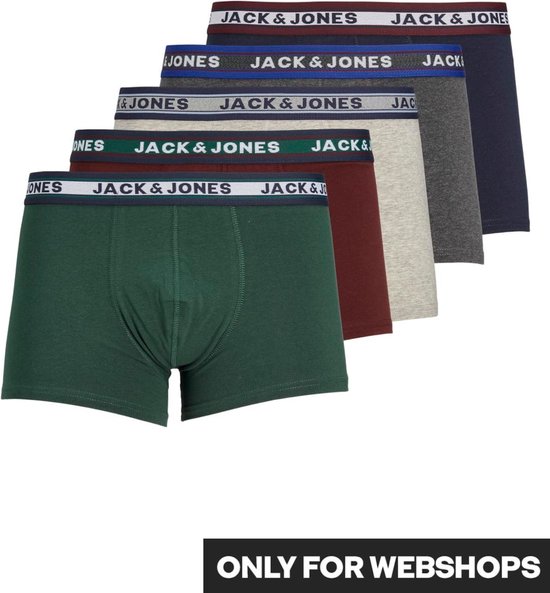 Vijf heren boxershorts van Jack & Jones in verschillende kleuren en met logo-elastiek. Eén groene, één bordeauxrode, één grijze, één donkergrijze en één donkerblauwe.
