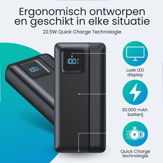 Siltcon® Powerbank 30000 mAh– Powerbanks 22.5W Snellader - USB-A/USB-C - LED Indicatie - Noodpakket - Universeel - Ingebouwde kabels