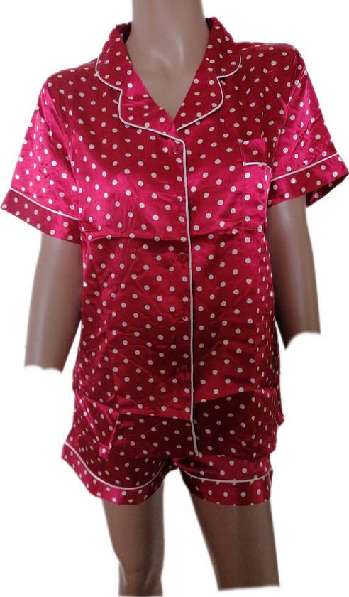 Femme - Pyjama short - Satin - 2 Pièces - Couleur Rouge/ Wit - Taille 40