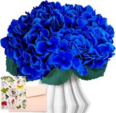 2 bundels kunsthortensiabloemen, kunstblauwe hortensia's met 10 hortensiakoppen, koningsblauwe kunstbloemen voor bruiloft, woondecoratie, feest met wenskaart