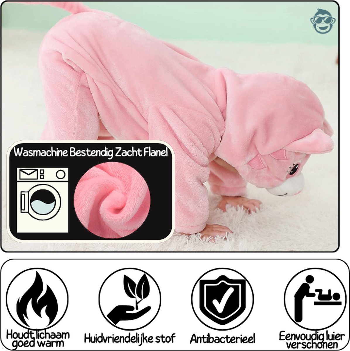 BoefieBoef Dieren Kleuter Onesie Peuter Pyjama Kinderen – Verkleedkleding met Luierrits – Carnaval Dierenpak - Kerst Cadeau- Zacht Flanel - Baby Romper - Boxpak - Jongens - Meisjes - Kruippak - Winterpak - Poes Roze Kat Cat — afbeelding 2