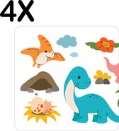BWK Flexibele Placemat - Vrolijke Dino's - Voor Kinderen - Getekend - Set van 4 Placemats - 50x50 cm - PVC Doek - Afneembaar