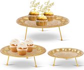 Goudkleurige taartstandaard, set van 3, metalen taartstandaard, ronde cupcake-standaard, taartplateau met voet, vintage etagère, tafeldecoratie voor bruiloft, verjaardag, feest, babyshower