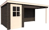BlokhuttenOutlet.nl Blokhut met overkapping lessenaar dak 150 x 250 + 350cm in black wash met white wash