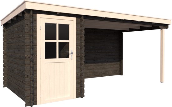 BlokhuttenOutlet.nl Blokhut met overkapping lessenaar dak 150 x 250 + 350cm in black wash met white wash