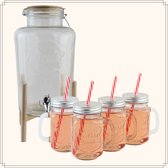 Distributeur de boissons OTIX - avec Gobelets - Robinet à limonade - avec support en bois - 8l - Pot Mason - Set de 4