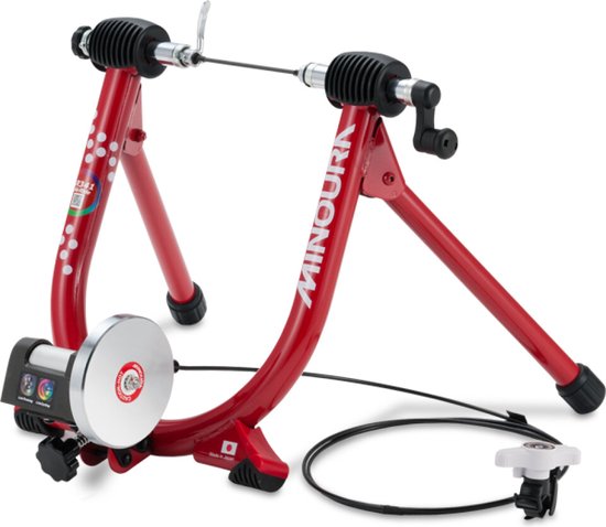 Rode Minoura fietstrainer met ronde pootjes en een zilverkleurige rol.