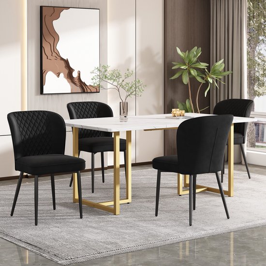 Sweiko Eettafel set, 140 x 80 x 75cm, eettafel met 4-stoelen, zwart fluweel eetkamerstoelen, kussens stoel ontwerp met rugleuning, wit MDF tafelblad, L-vormige gouden tafelpoten