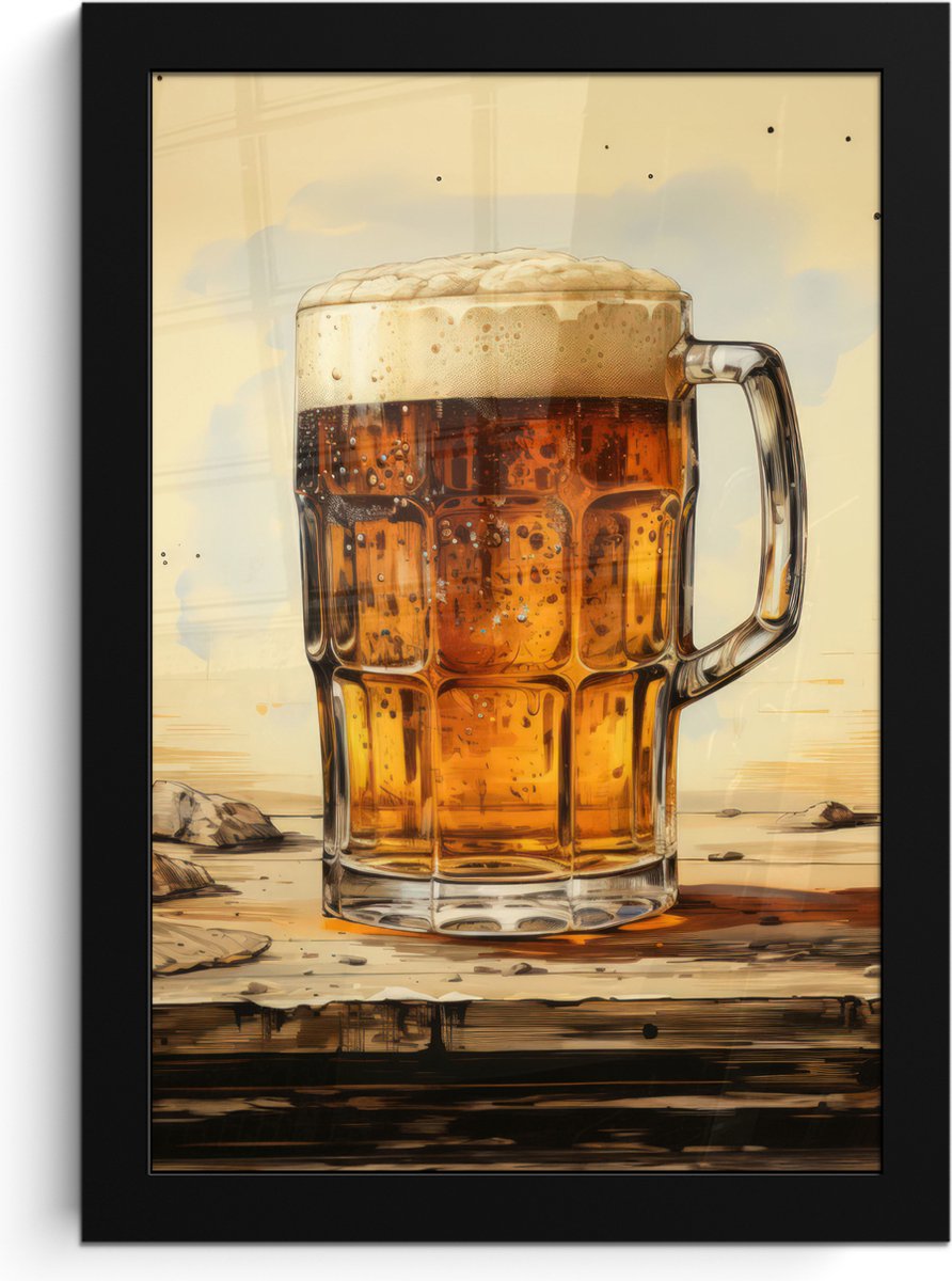 FrameYourWall Poster in lijst - Fotolijst 20x30 cm - Posters - Vintage - Bier - Pul - Hout - Tafel - Drinken - Posterlijst zwart - Decoratie - Wanddecoratie woonkamer - Muurdecoratie slaapkamer