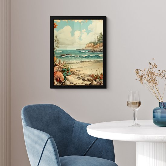 Affiche encadrée - Cadre photo 30x40 cm - Posters - Vintage - Mer - Rochers - Plantes - Nature - Affiche encadrée noire - Décoration - Décoration murale salon - Décoration murale chambre