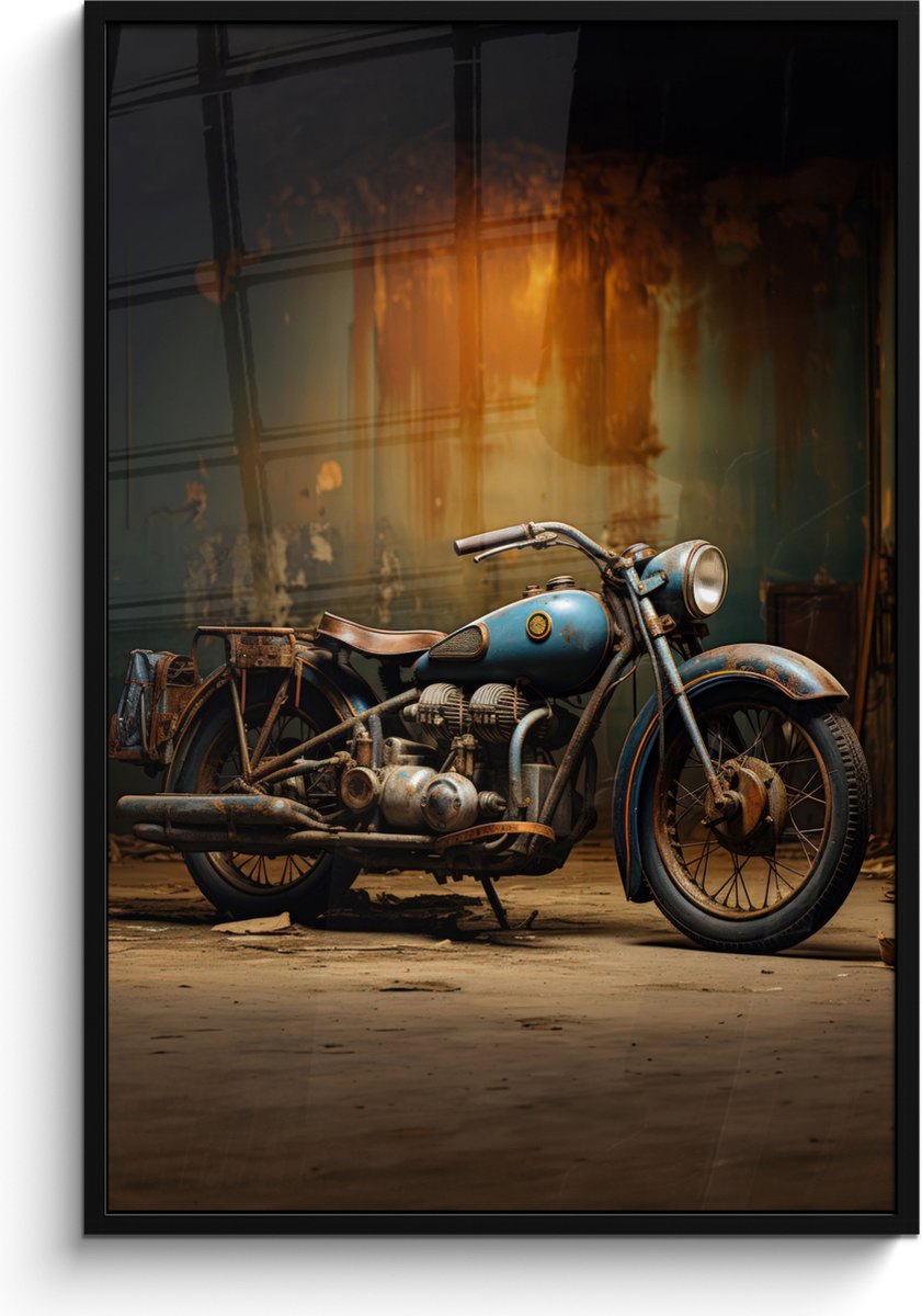 FrameYourWall Poster in lijst - Fotolijst 80x120 cm - Posters - Vintage - Motor - Blauw - Oud - Garage - Posterlijst zwart - Decoratie - Wanddecoratie woonkamer - Muurdecoratie slaapkamer