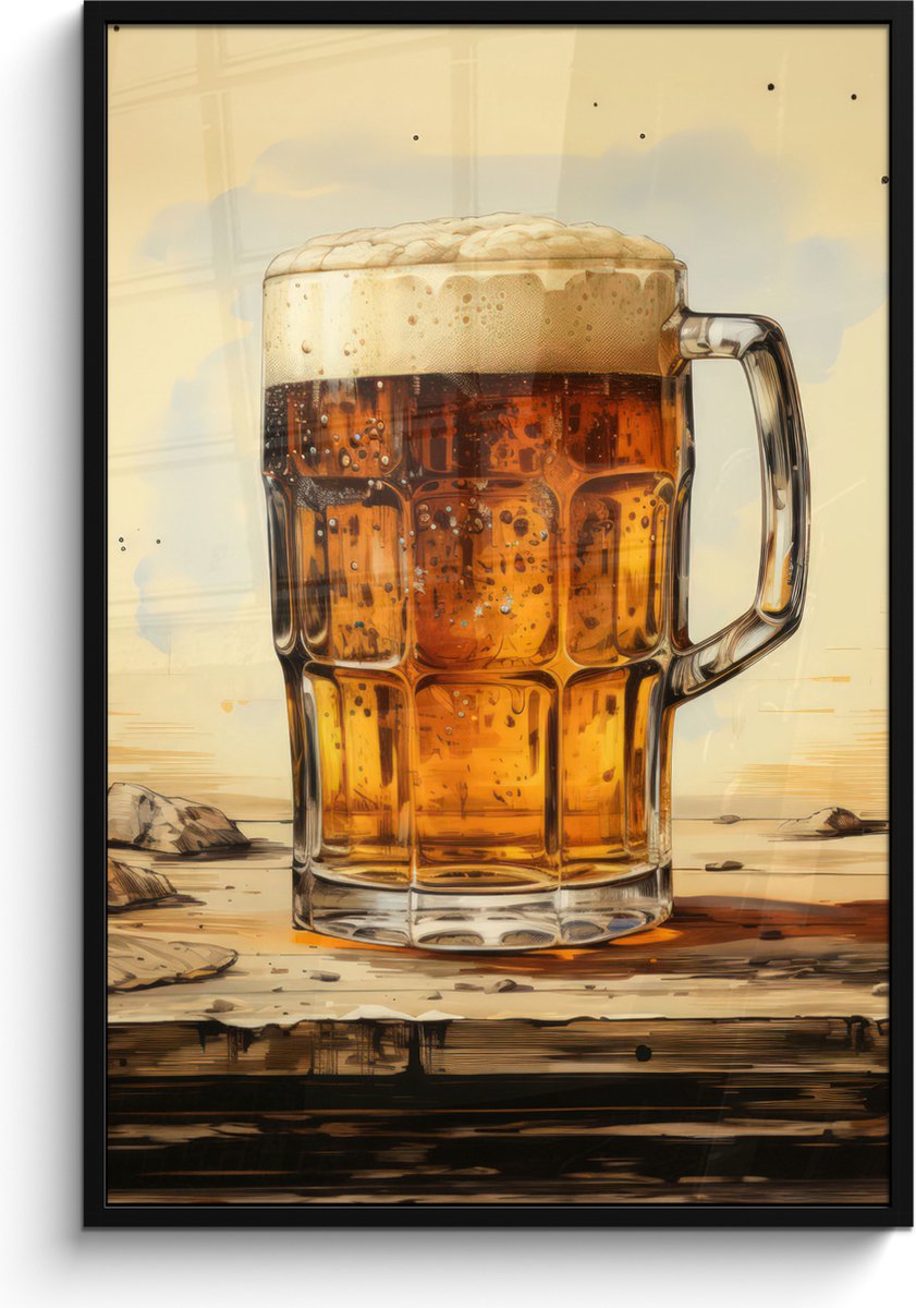 FrameYourWall Poster in lijst - Fotolijst 80x120 cm - Posters - Vintage - Bier - Pul - Hout - Tafel - Drinken - Posterlijst zwart - Decoratie - Wanddecoratie woonkamer - Muurdecoratie slaapkamer