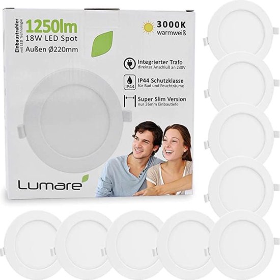 Lumare LED Inbouwspot 18W - Extra Ondiep - Warm Wit 3000K - Set van 9