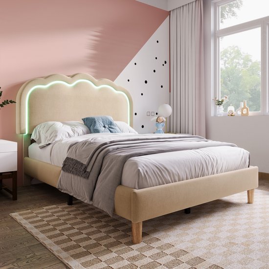 Gestoffeerd bed met LED-verlichting Hoofdbord-eenpersoonsbed met lattenbodem en verstelbaar hoofdeinde - gevoerd bed in beige - linnen materiaal 90 x 200 cm
