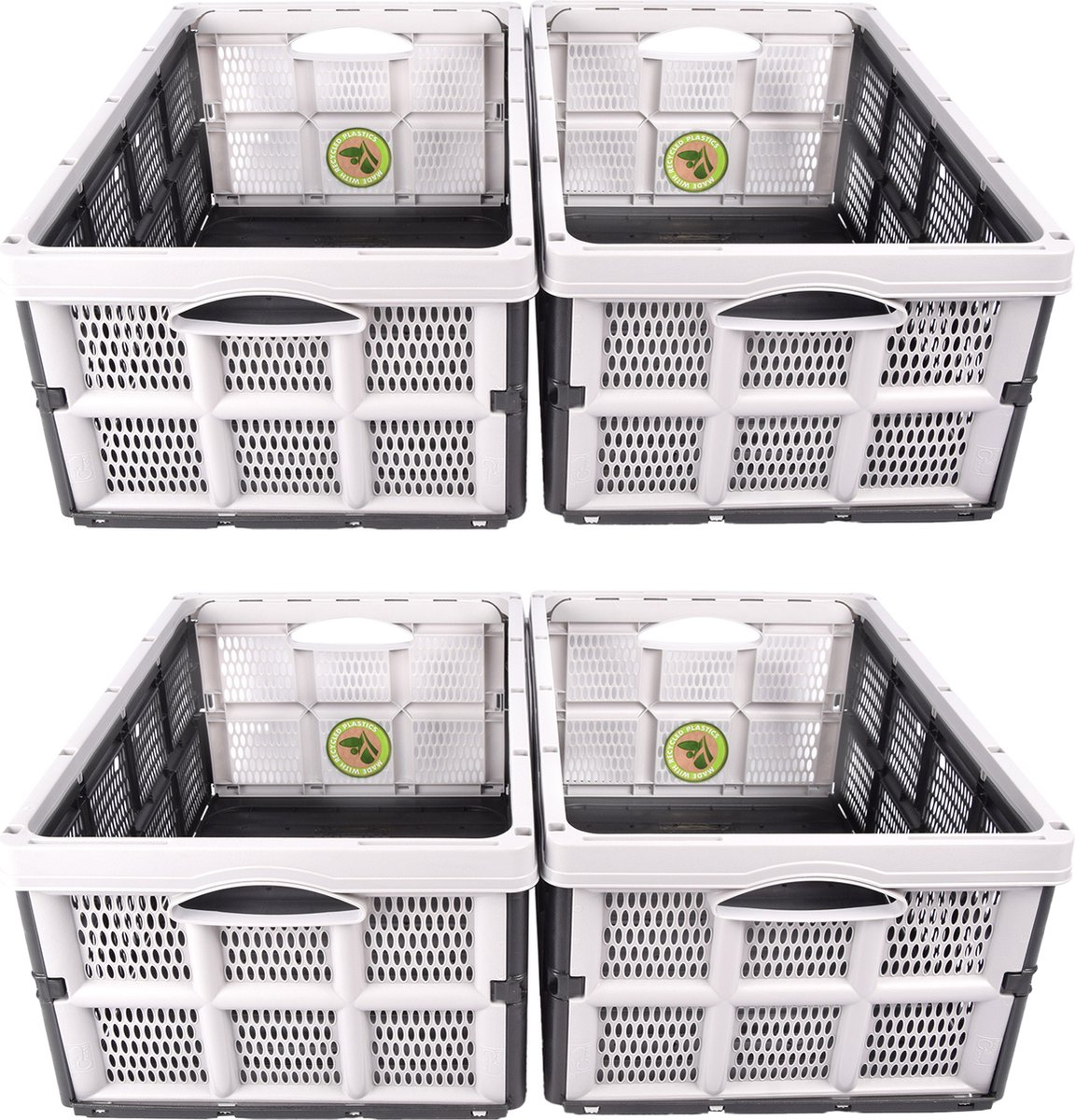 Opvouwbare Vouwkratten Grijs - Set van 4 (32 Liter) - Voor Boodschappen Doen, Kamperen & Klussen - Gemaakt van Gerecycled Plastic (50x21x33 cm)