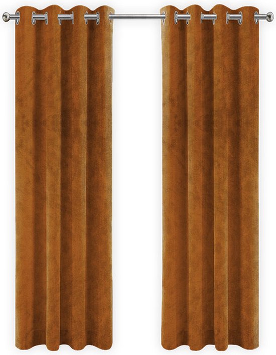 Gordijnen Oranje Velvet Kant en klaar 290x270cm - Kant en klare gordijnen met ringen Velours - Fluwelen Verduisterende gordijnen