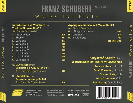 CD-hoes van Franz Schubert: Works for Flute, met uitvoerende Krzysztof Kaczka en The Met Orchestra. Tracklist en details van de uitgave.