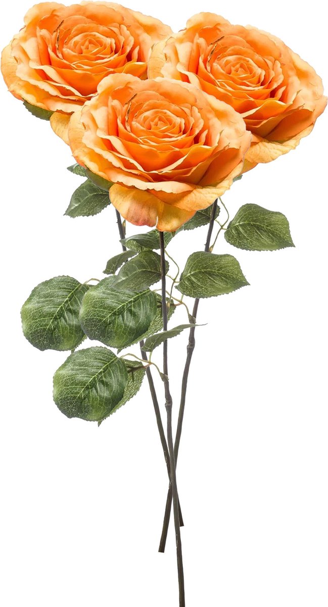 Emerald Kunstbloem Roos Laurie tak - 3x - 57 cm - oranje - Kunst zijdebloemen