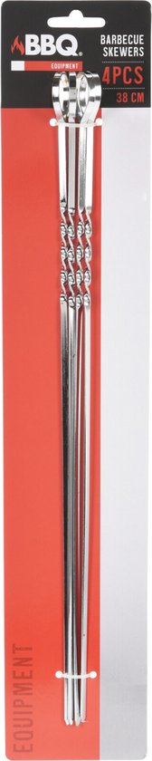 Brochettes pour barbecue, 4 pièces, acier inoxydable, 38 cm, avec pointe torsadée et boucle. Emballées sur carte.