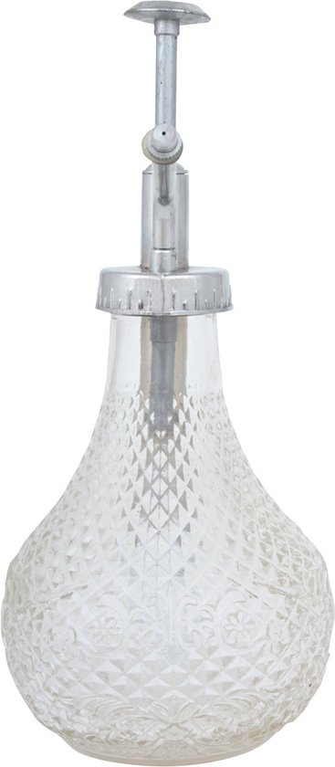 Een glazen plantenspuit met zilverkleurige pomp en decoratief reliëf, gezien vanaf de bovenkant.