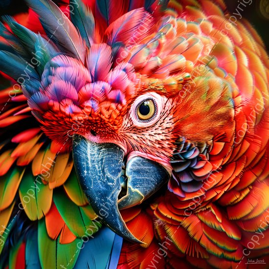 JJ-Art (Aluminium) 80x80 | Papegaai, vogel, kleurrijk | dier, snavel, gedetailleerd, kop, rood, blauw, groen, oranje, vierkant, modern | foto-schilderij op dibond, metaal wanddecoratie