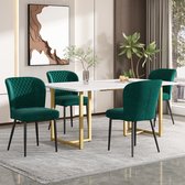 Sweiko Eettafel set, 140 x 80 x 75cm, eettafel met 4-stoelen, groen fluweel eetkamerstoelen, kussens stoel ontwerp met rugleuning, wit MDF tafelblad, L-vormige gouden tafelpoten