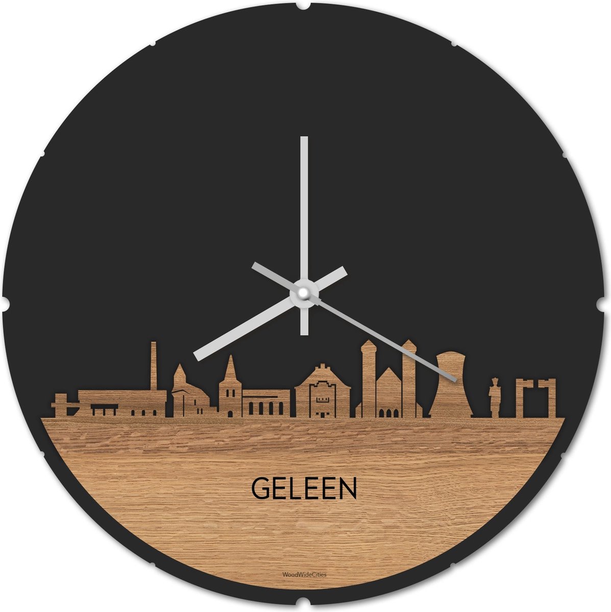 Skyline Klok Rond Geleen Eikenhout - Ø 44 cm - Stil uurwerk - Wanddecoratie - Meer steden beschikbaar - Woonkamer idee - Woondecoratie - City Art - Steden kunst - Cadeau voor hem - Cadeau voor haar - Jubileum - Trouwerij - Housewarming -