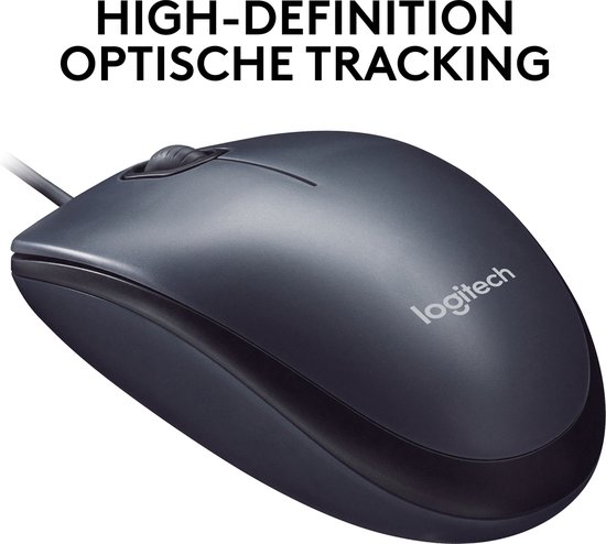 Souris Logitech M90 grise, vue de trois quarts par le dessus avec logo. Texte : "SUIVI OPTIQUE HAUTE DÉFINITION".