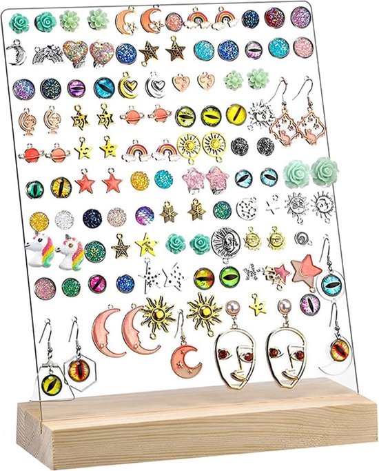 Set van 2 oorbellenhouders, oorbellenhouders van acryl, oorbellenstandaards met houten basis, oorbellenorganizer voor oorbellen-sieradendisplay, 25 x 20 cm, voor dames en meisjes