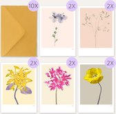 Botanische luxe wenskaarten set 10 stuks - Flower Love - gevouwen wenskaart - met envelop - blanco - zonder tekst - botanisch - bloemen - Rijkvol