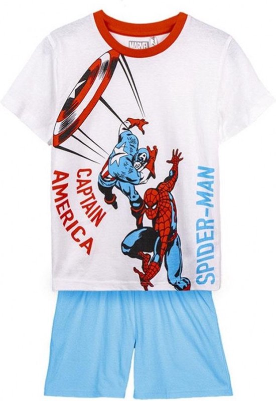 Avengers Spiderman - Short Pyjama - Captain America - Wit blauw - 100% Katoen - in geschenkendoos. Maat 122 cm / 7 jaar.