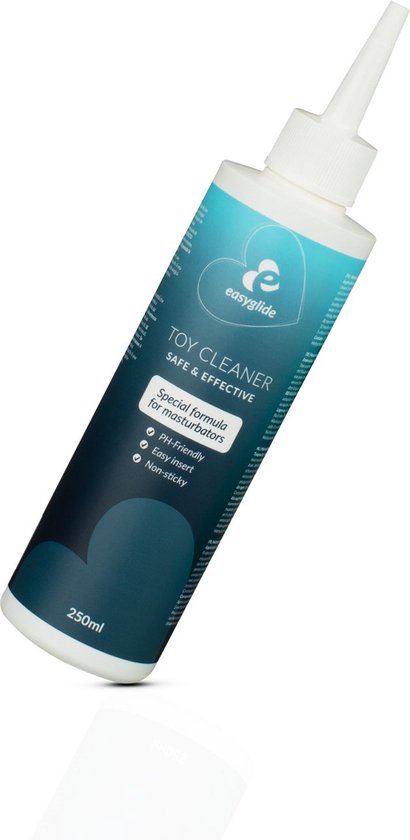 Witte fles EasyGlide Toy Cleaner met blauw en teal design, leunend op witte ondergrond.